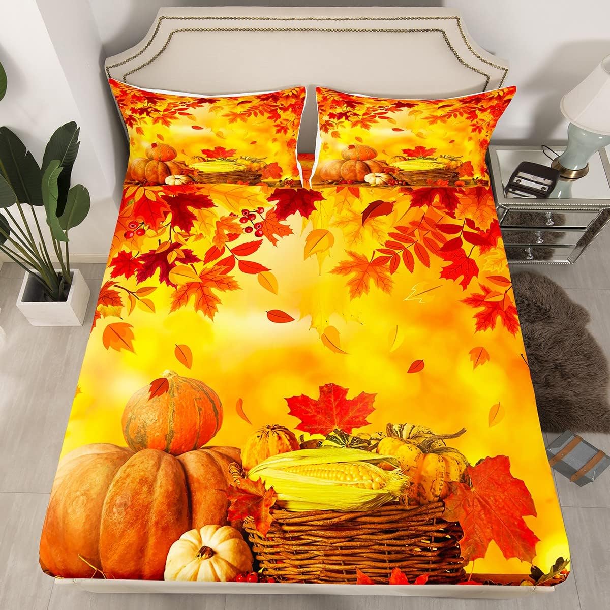 Erosebridal Halloween Fitted Bed Sheets, Autumn Fall Leaves