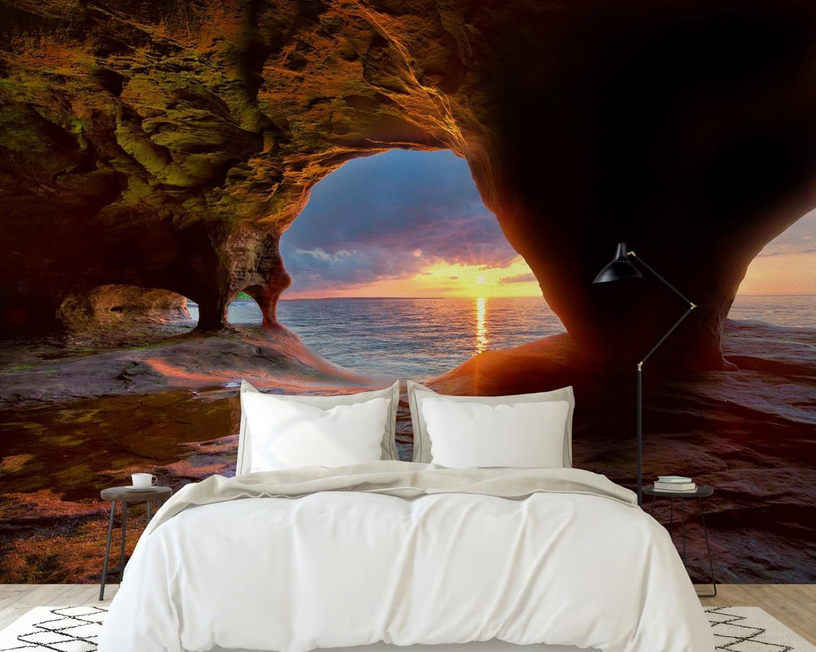 hgjdjhnf Photo Wallpaper Cave By The Sea Sunset Rock Wall Non-Woven Living Room Bedroom Children's Room Wall Decoration Motif Wallpaper,300cmx210cm Stickers - Frameless Painting - Poster