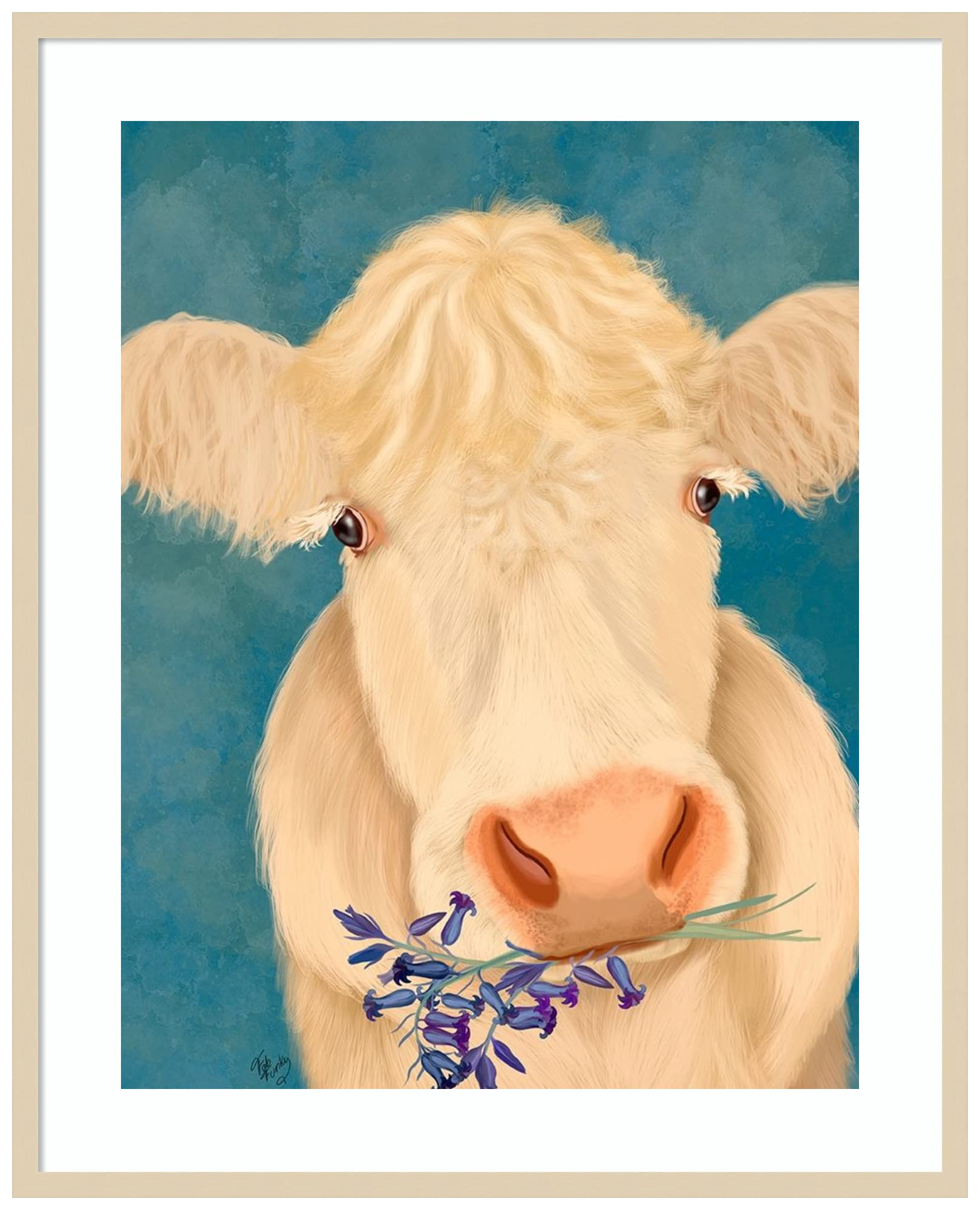 Amanti Art Framed Wall Art Print (33x41) Cow Cream, Bluebells by Fab Funky Framed Poster for Wall Decor, Living Room, Bedroom, Bathroom, Kitchen, Office or Business Artwork from WI, USA