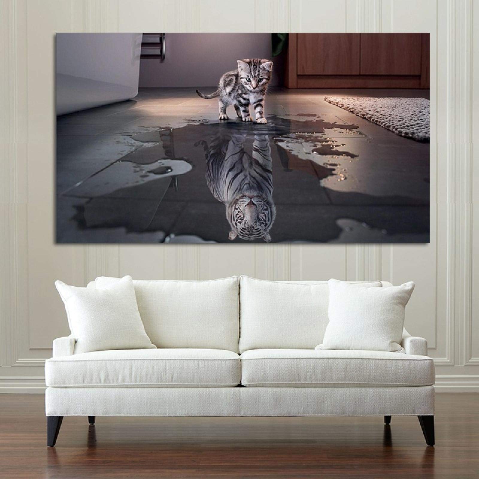 絵画。原画☆キャンバスF20【子猫たちのソファーでの幸せな瞬間に属する】 Amazon.co.jp: 水の中の猫の反射タイガーキャンバス絵画抽象的な動物の