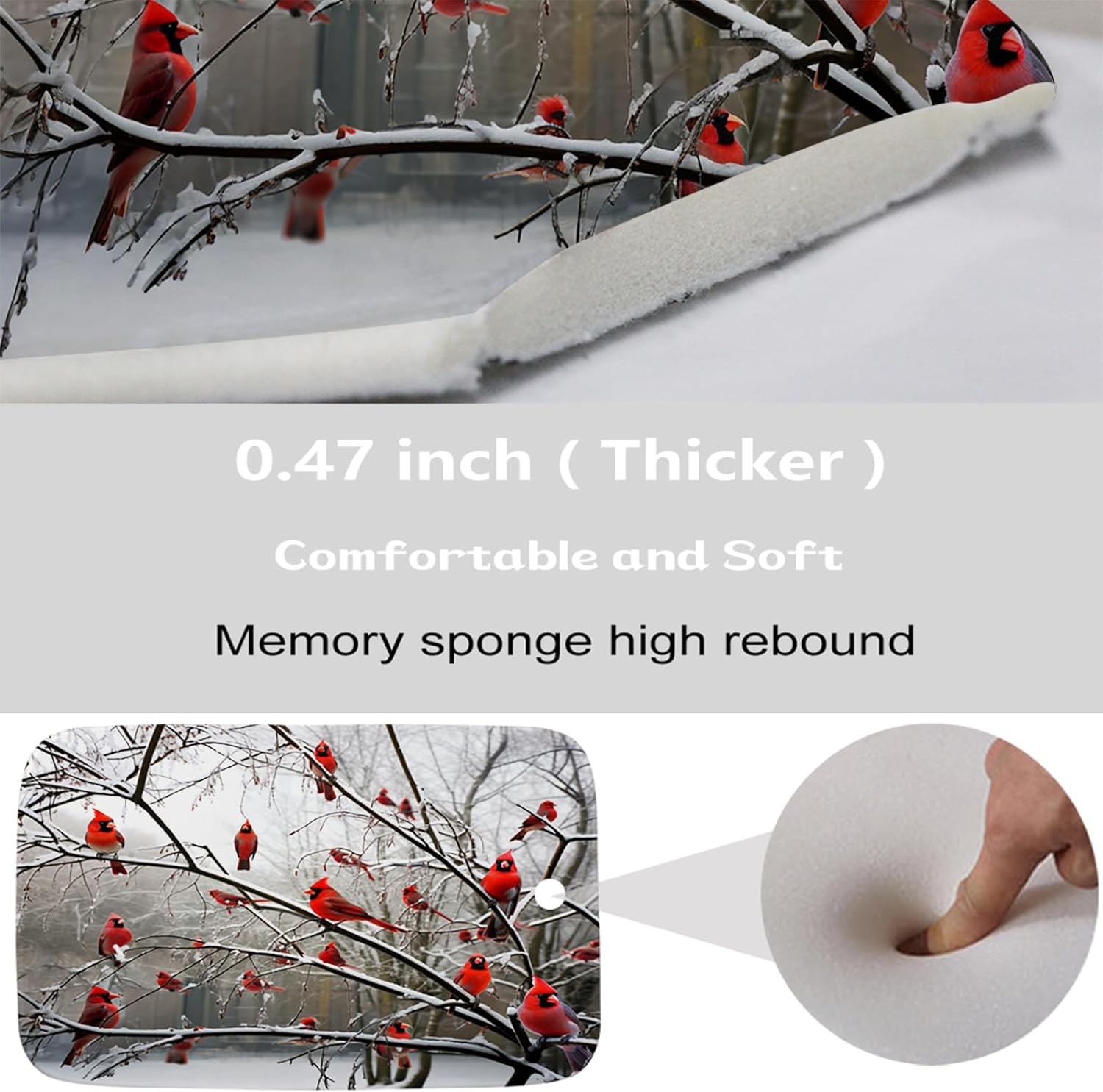 Funny Cardinal Birds on Branch Coral Velvet Bathroom Rugs and Mats Sets 3 Piece, Memory Foam Bath Mat, U-Shaped Contour Shower Mat Non Slip Absorbent, Velvet Washable 20 x 31 inch