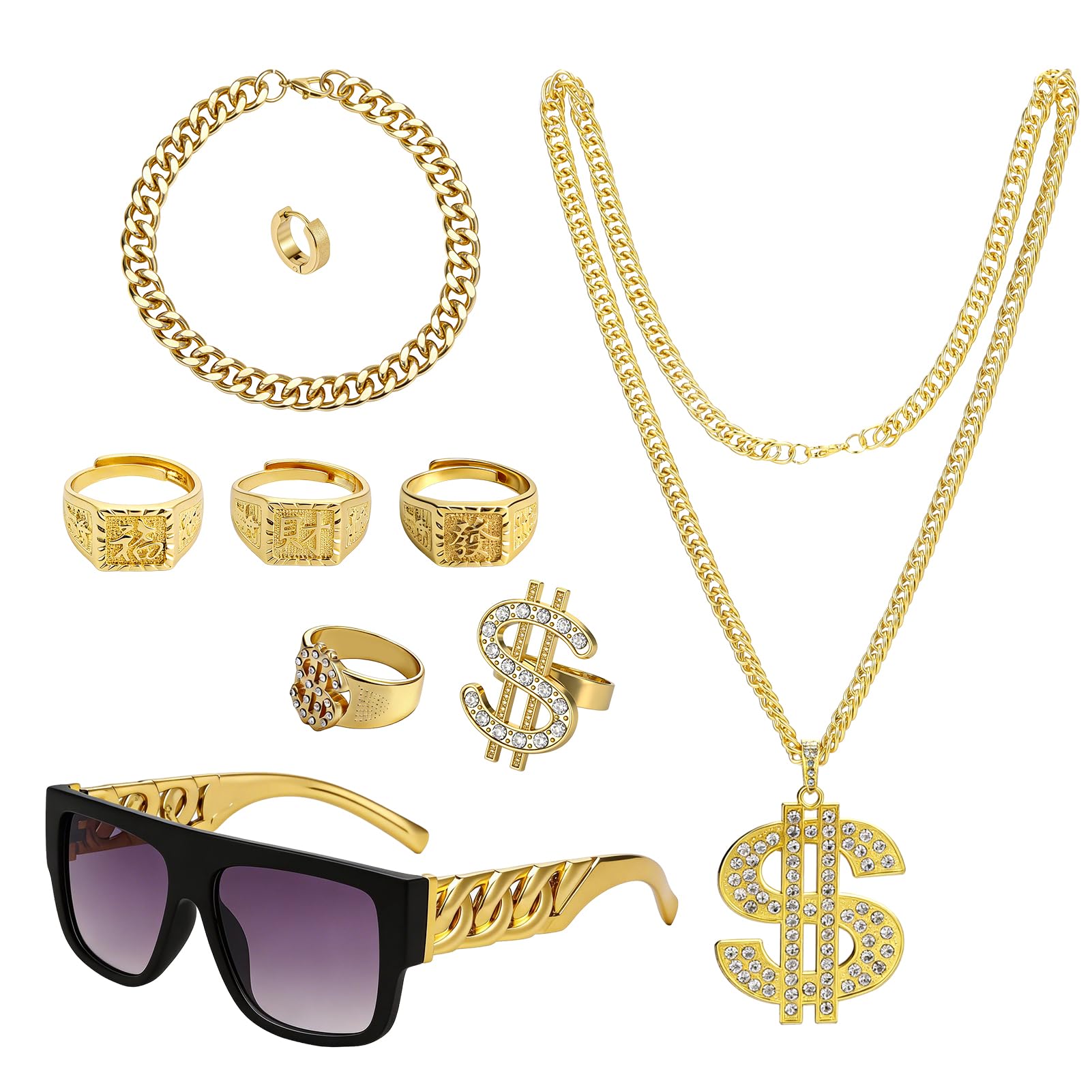GSrenyu 9 Pcs Hip Hop Costume Accessories, Rapper Costume 80s 90s Fancy Dress Accessories Fake Gold Chain Bracelet Rings Earrings Hippie Glasses for Hippie Rapper Disco Outfit Men Women