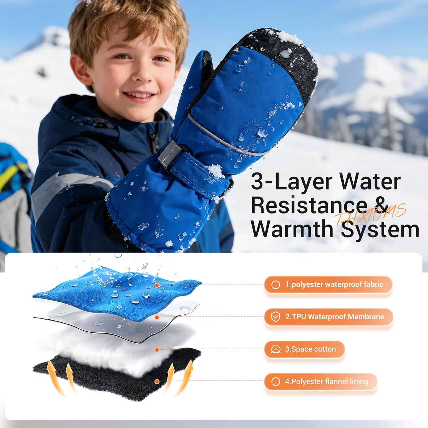 ThxToms Kids Ski Mittens Gloves, Toddler Snow Mittens Waterproof Winter Gloves Long Cuff for Boys Girls Skiing Snowboarding - Image 3