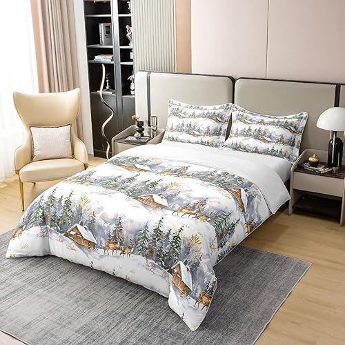 Miniatura 2 de jejeloiu Juego de ropa de cama con estampado de alce y animales salvajes, juego de funda de edredón de algodón, tamaño Queen para niños y adultos,