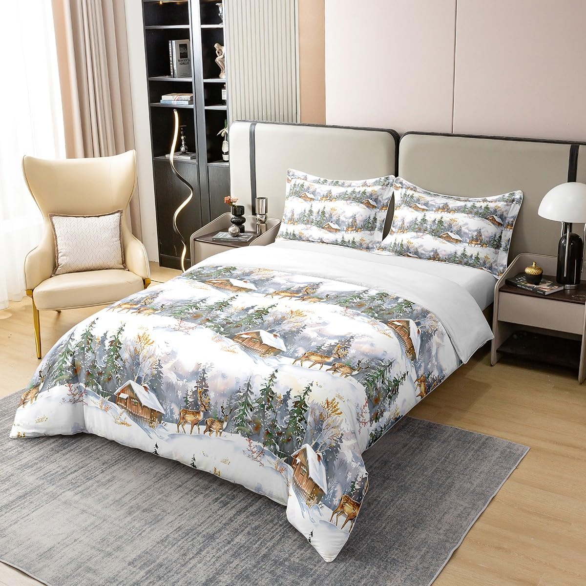 jejeloiu Elk Printed Bedding Set Wild Animal Pattern Cotton Duvet Cover Set Queen Size for Kids Adults Christmas Theme Comforter Cover Set Winter Nature Tree Deer Room Decor Quilt Cover 3Pcs