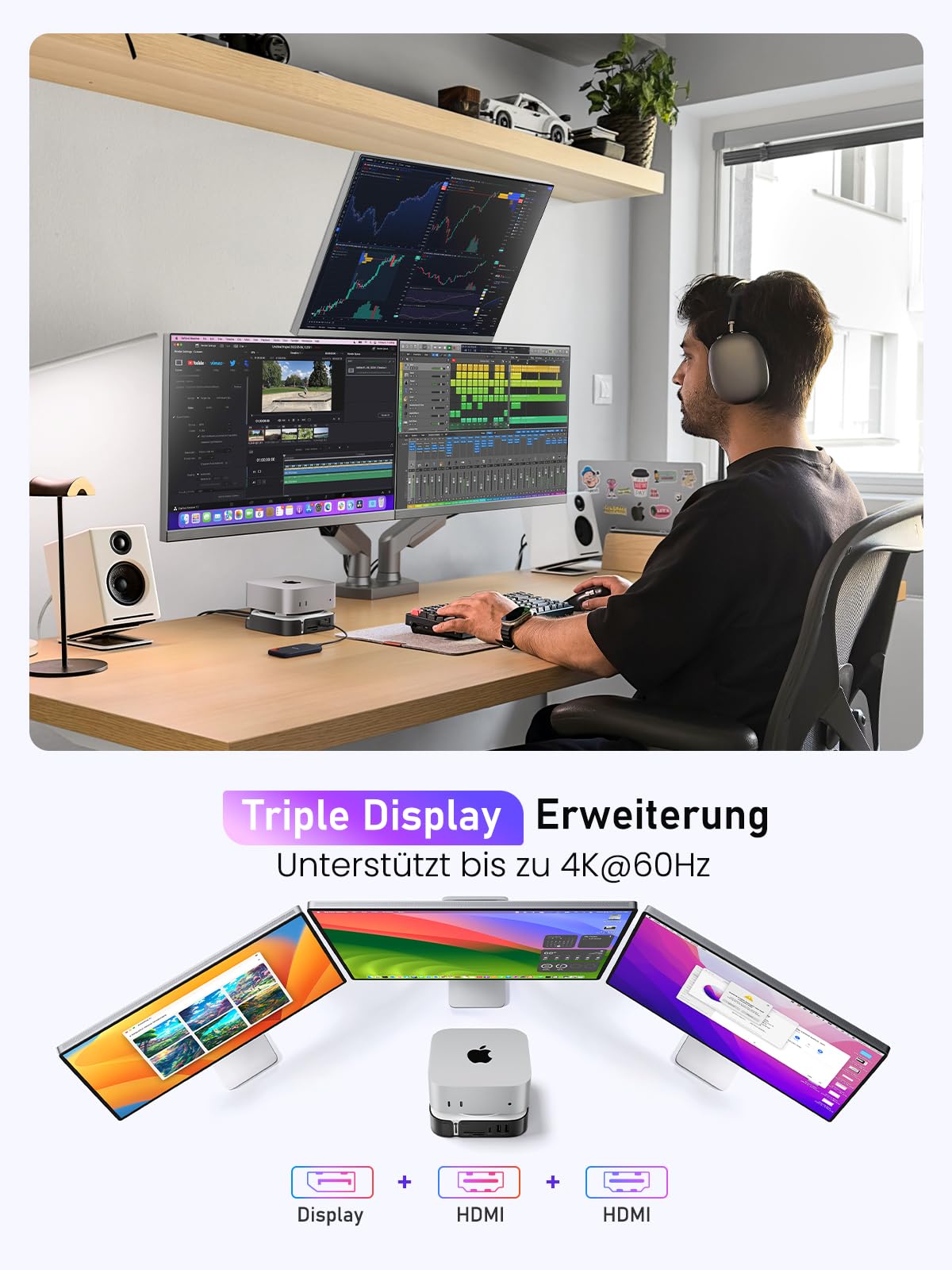 Lemorele Mac mini M4 Dock con DisplayPort 4K@60Hz per configurazioni a doppio monitor, 4 porte USB 3.2/3.0, slot SSD M.2 NVMe a 10Gbps, lettore di schede SD/TF con Mac mini M4/M4 Pro