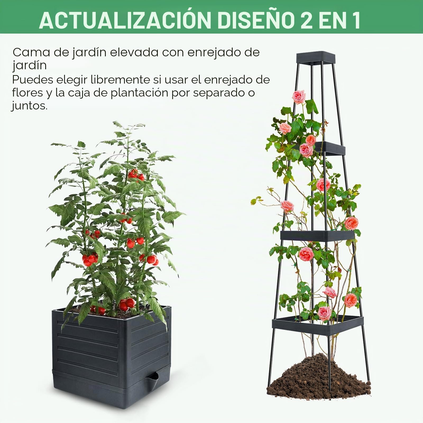 MQUPIN Paquete de 1 Camas de jardín elevadas,145cm Cama de jardín elevada con Enrejado para trepar Vegetales y Plantas, macetas de riego automático al Aire Libre, Soporte Ajustable para Vid