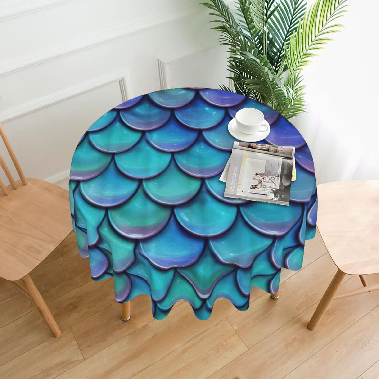 OXbnmm Mermaid Teal Fish Scale Print Soft Round Tablecloth 60in Polyester Washable Cover Cozy Gift for Mom Housewarming