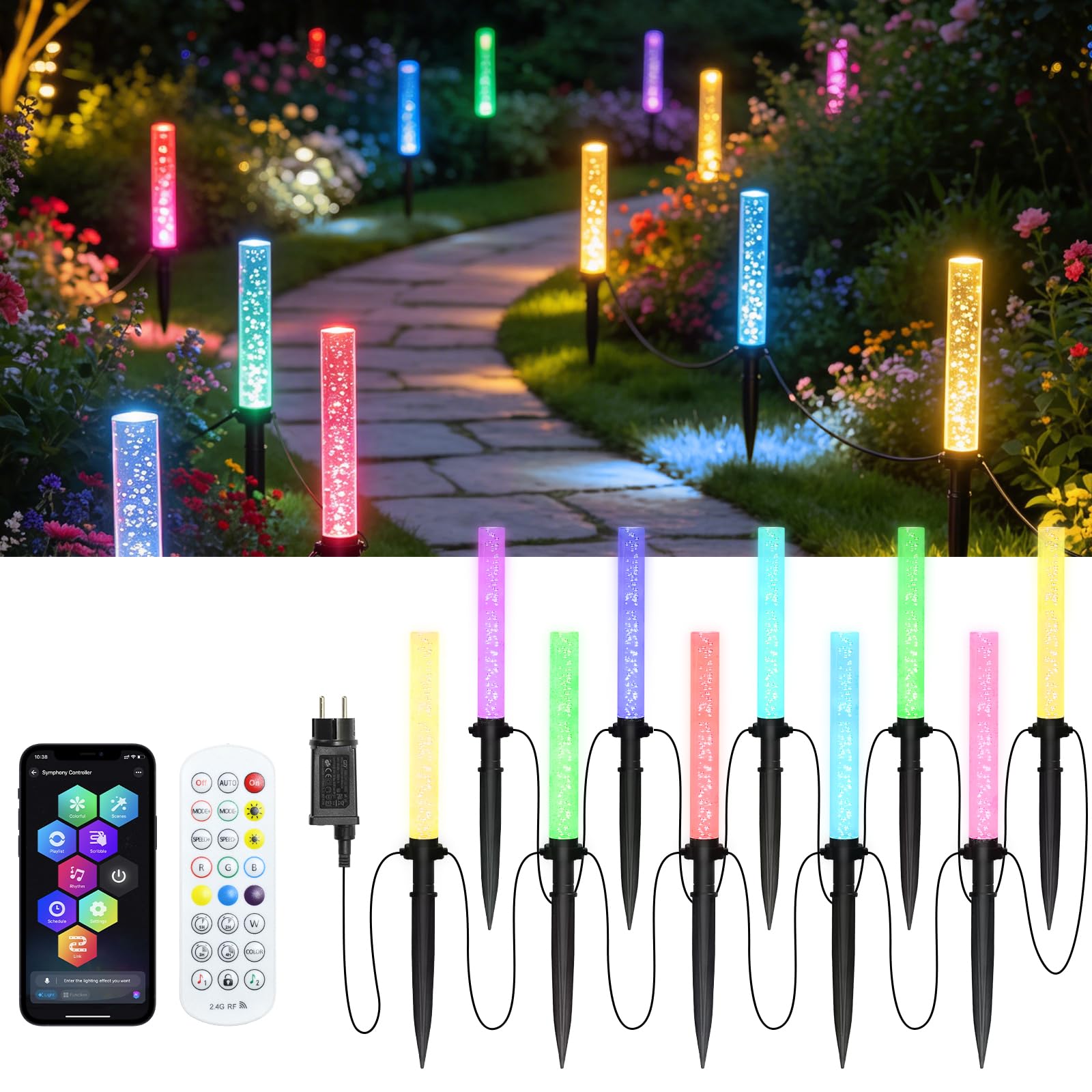Gartenbeleuchtung Außen RGB-IC LED, Neon Outdoor Lichterkette mit Erdspieß, App & Fernbedienung, DIY Farbwechsel, Timer, IP65 Wasserdicht für Garten, Terrasse, Rasen und Balkon