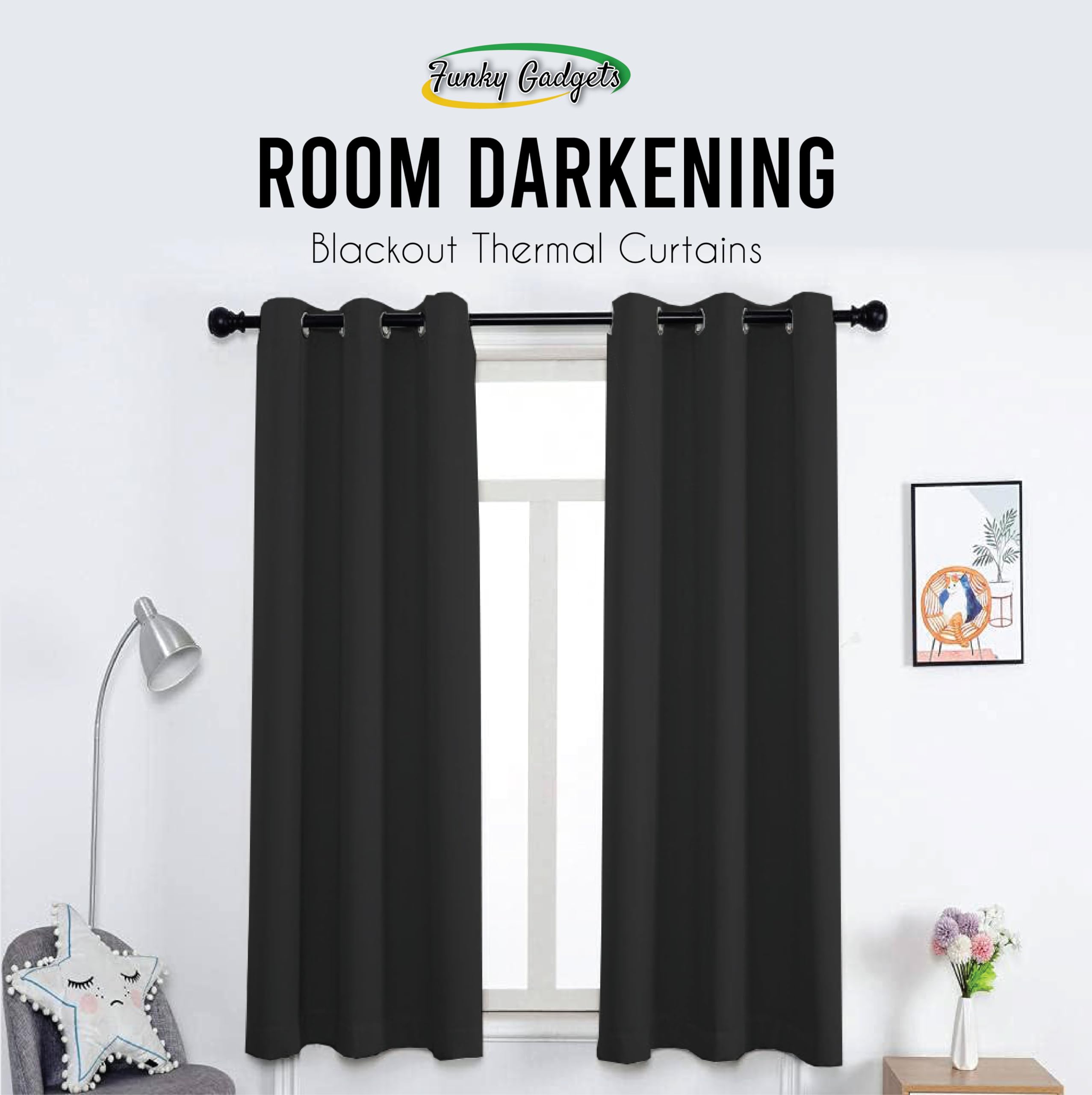funky gadgets Blackout Curtains for Bedroom 72 Inch Drop Thermal Insulated Eyelet Curtains & Drapes Black Out Curtain for Kitchen Living Room 2 Panels (90x72 Inch Black) - Image 2