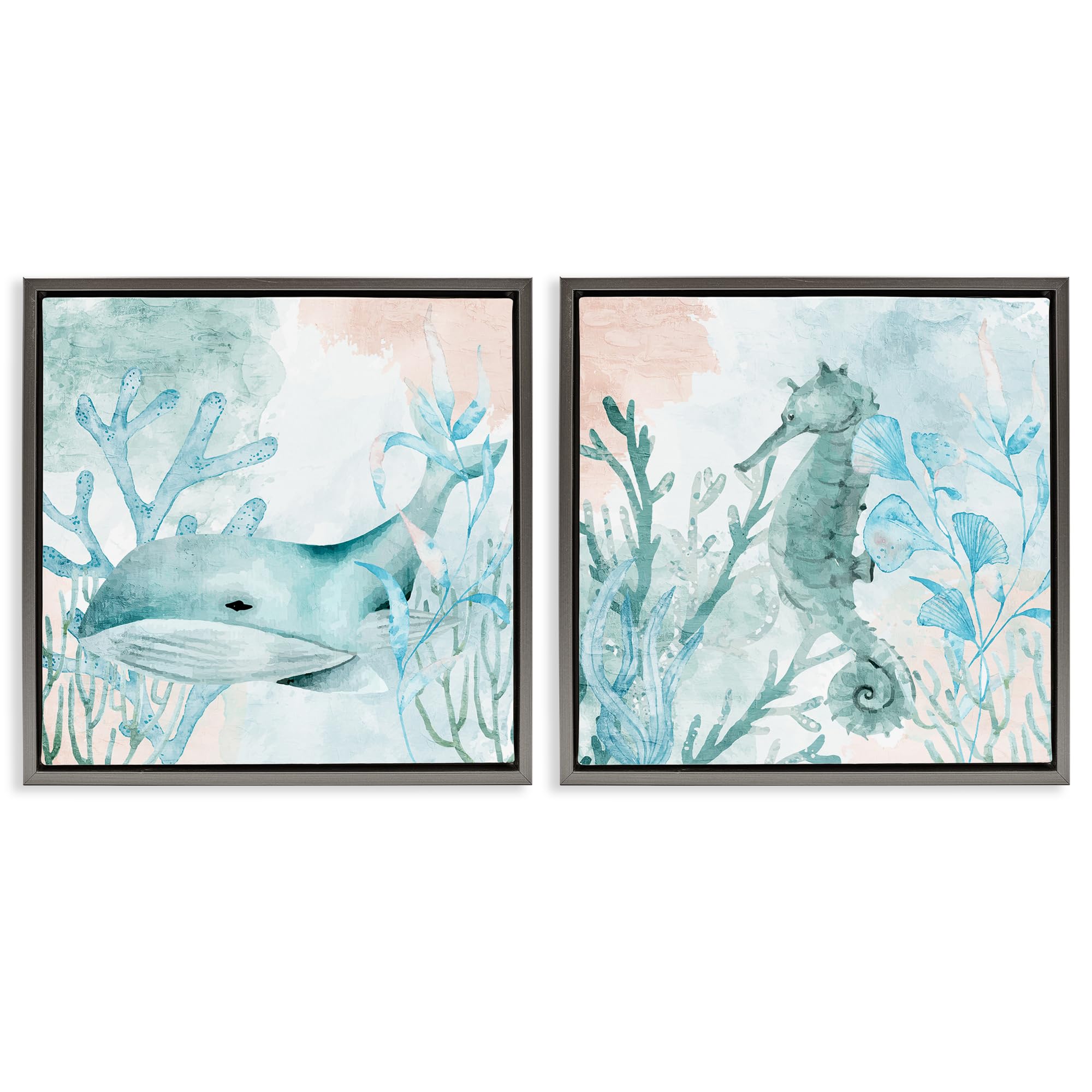 Stupell Industries Luster Gray (Matte) 'Whale & Seahorse Sea Swim', 2Pc Floating Frame Art Set 2, Gray, 18 X 18 Inches, Easy To Hang And Sturdy, Made In Usa, By Kim Allen
