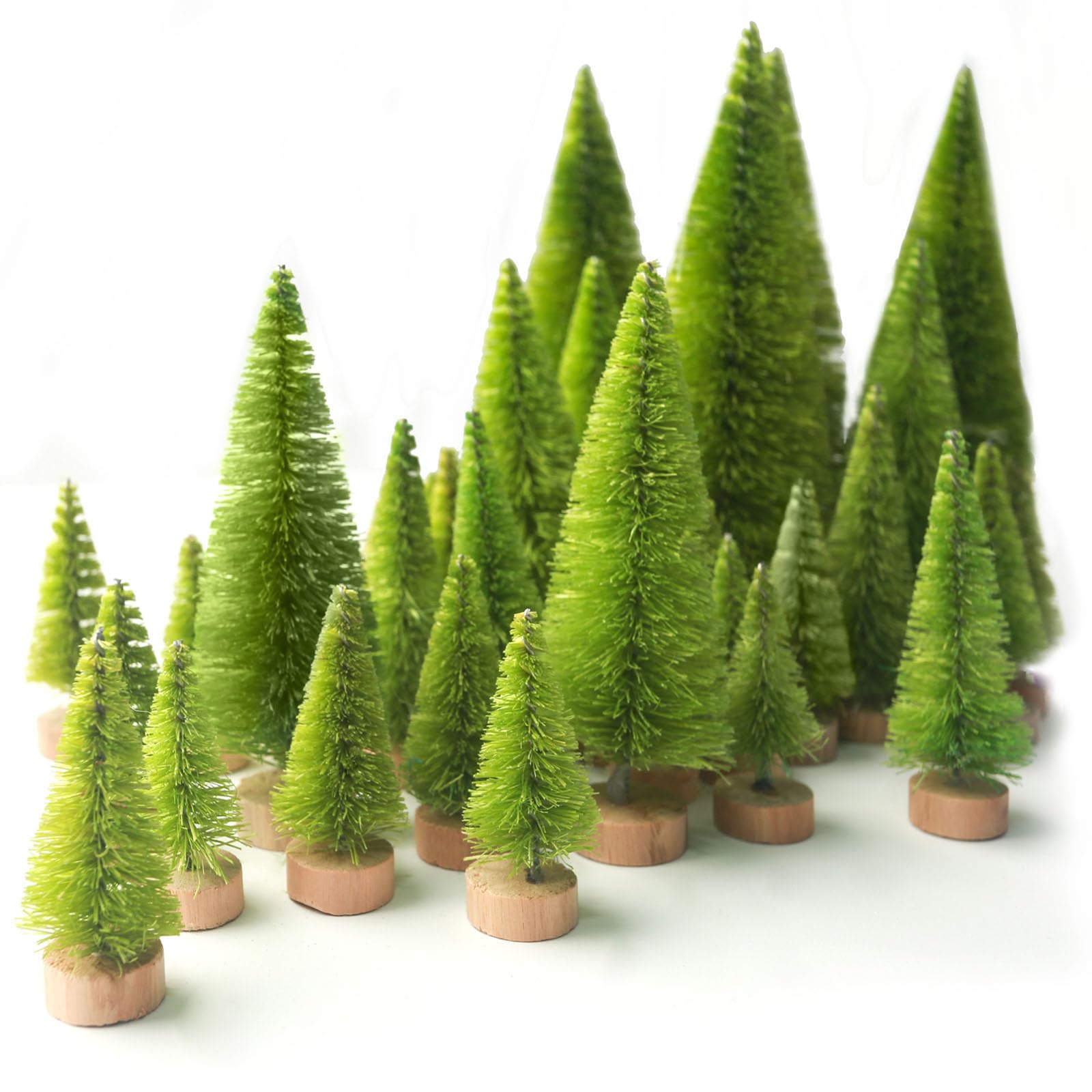 LOVEINUSA 40PCS Mini Christmas Trees, 5 Sizes Artificial Sisal Trees Bottle Brush Xmas Trees with Wooden Base for Xmas Winter Home Table Decoration