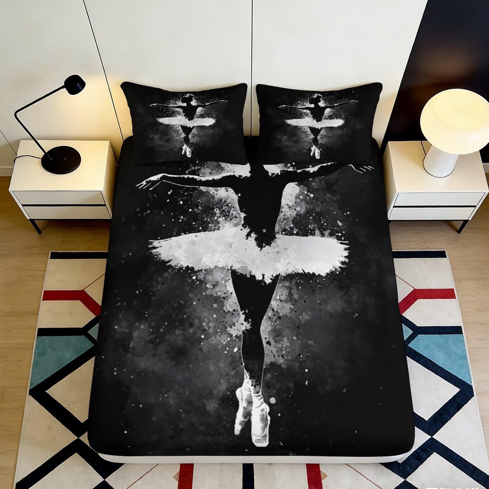 3D Printed Ballerina Silhouette Fitted Sheet Microfiber Black White Artistic Mattress Cover for Bedroom Guest Room Decor 90x200x25cm