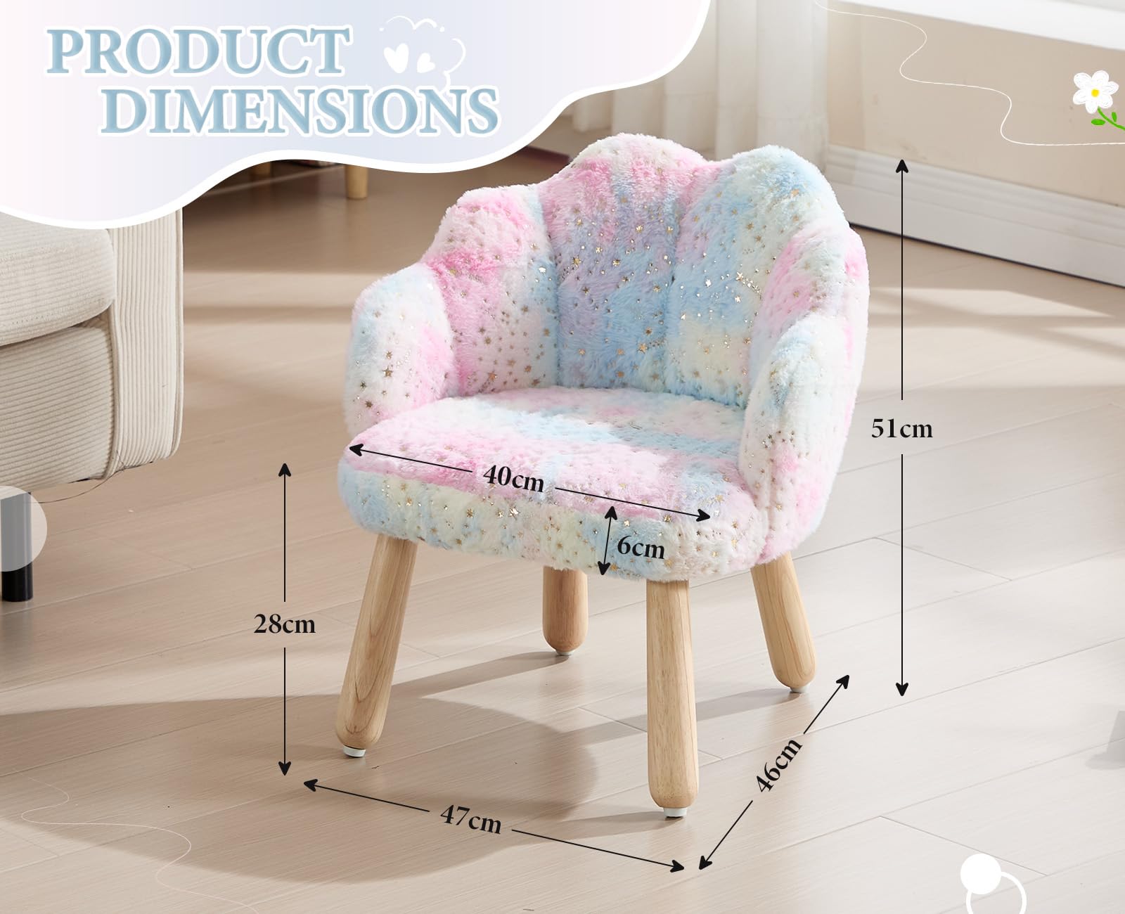 Petite Chaise Enfant Fausse Fourrure Fauteuil Fille Dossier Pétale Tabouret Pieds Bois Coloré