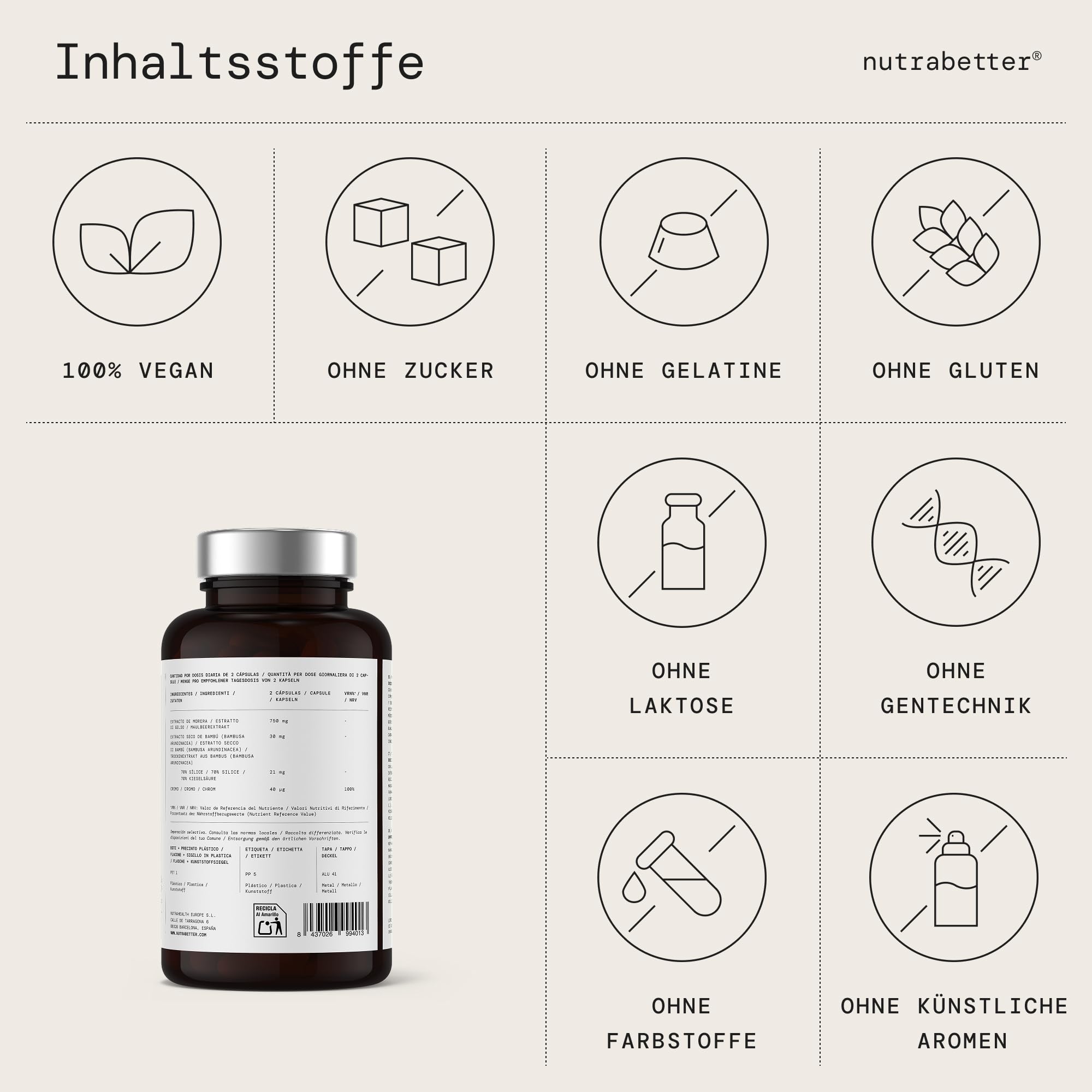 Morbeerextrakt 750 mg + Chrom | 90 vegane Kapseln | Unterstützt den normalen Blutzuckerspiegel | Mit Chrom für einen gesunden Zuckerstoffwechsel | nutrabetter®