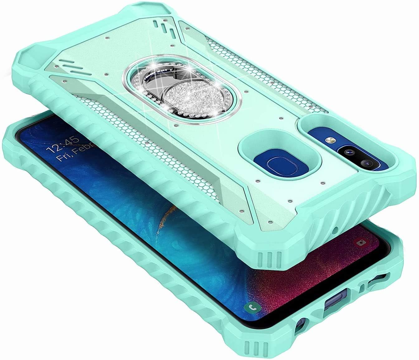 E-Began Case for Samsung Galaxy A20, A30/A50/A30s/A50s with Tempered Glass Screen Protector, Aluminum Magnetic Metal Built-in Diamond Ring Stand Holder, Full-Body Protective Phone Case -Teal