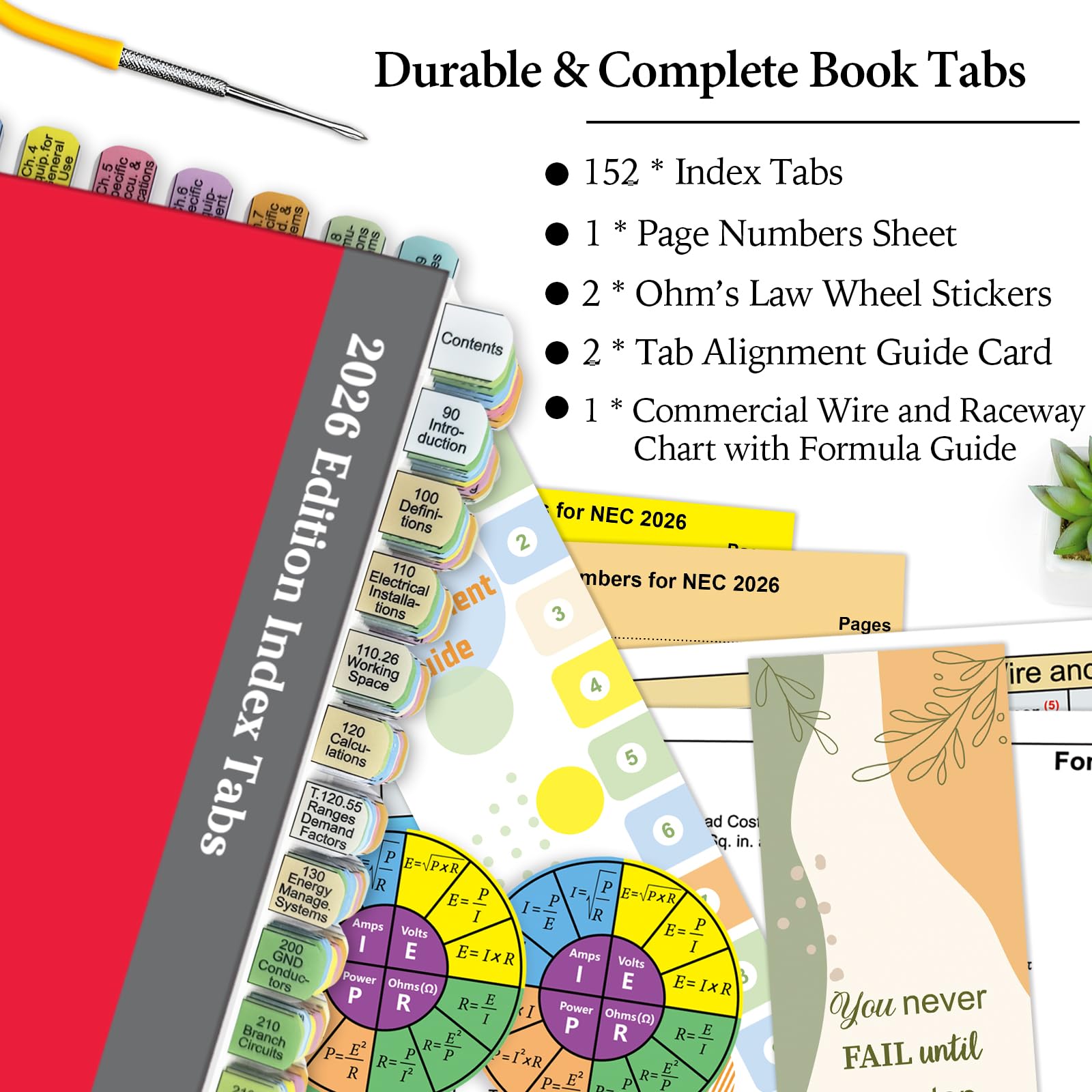 Onglets d'index en plastique pour NEC 2026 (livre non inclus), 152 onglets imprimés + vierges, code couleur et durable, avec index de page/tableau des fils et guide de formule/autocollants de