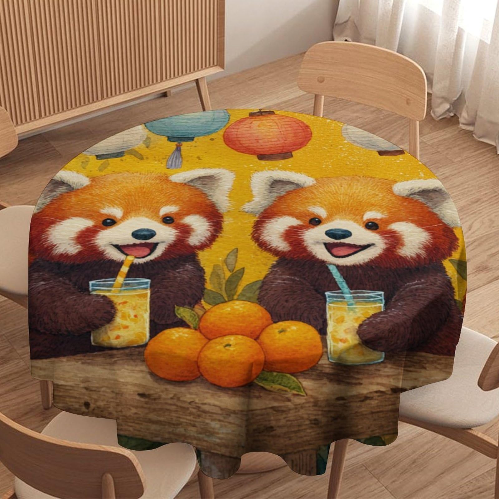 LUYYSKY Modern Funny Red Panda Round Tablecloth Retro Oil Painting Botanical Plants Animals Red Pandas Print Washable Decor for Table Cover for Kitchen-127 Wx127 L cm