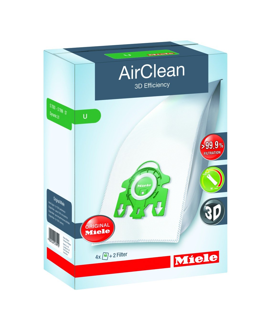 Miele 10123230 AirClean 3D Efficiency Dust Bag, Type U, 4 Count, 2 Air Filters, Green