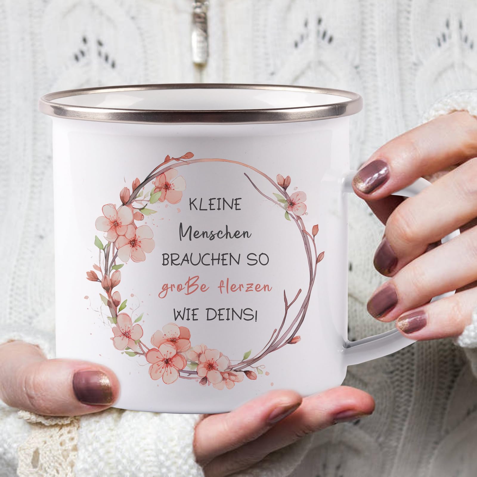 Emaille Spruch Tasse, abschiedsgeschenk erzieherin, kleine menschen brauchen so große herzen wie deins, Danke Geschenk für Erzieherin und Lehrerin Patentante Hebamme