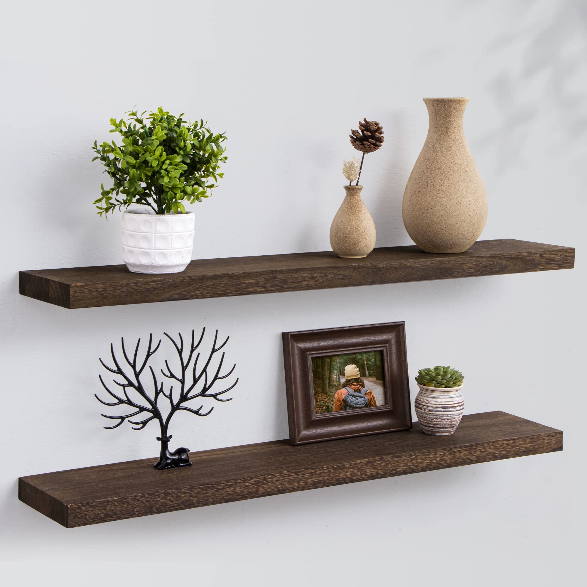 Floating Shelves, 36 Inch Wall Shelf Set of 2, Rustic Wood Shelves for Wall Storage, Fireplace Mantel, Wall Mounted Wooden Display Shelf for Bathroom Bedroom Kitchen Garage, Rustic Brown, Upgrade