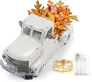 Giftchy Vintage Thanksgiving White Truck Harvest Decor with Pumpkins, Fall Leaves, Berries & Fairy Lights Decorations, Far...