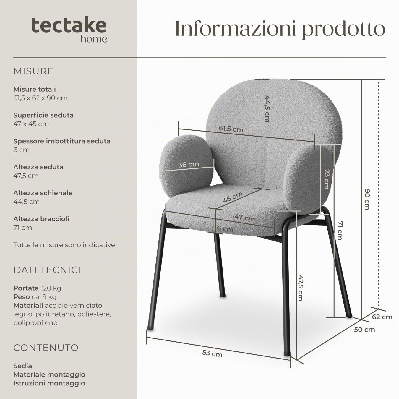 tectake® 1 Poltrona Salotto Stile Scandinavo con Braccioli, Poltrona Relax con Morbida Imbottitura, Tessuto Bouclé, Gambe in Acciaio, Comoda Poltroncina Imbottita da Lettura - Grigio Chiaro