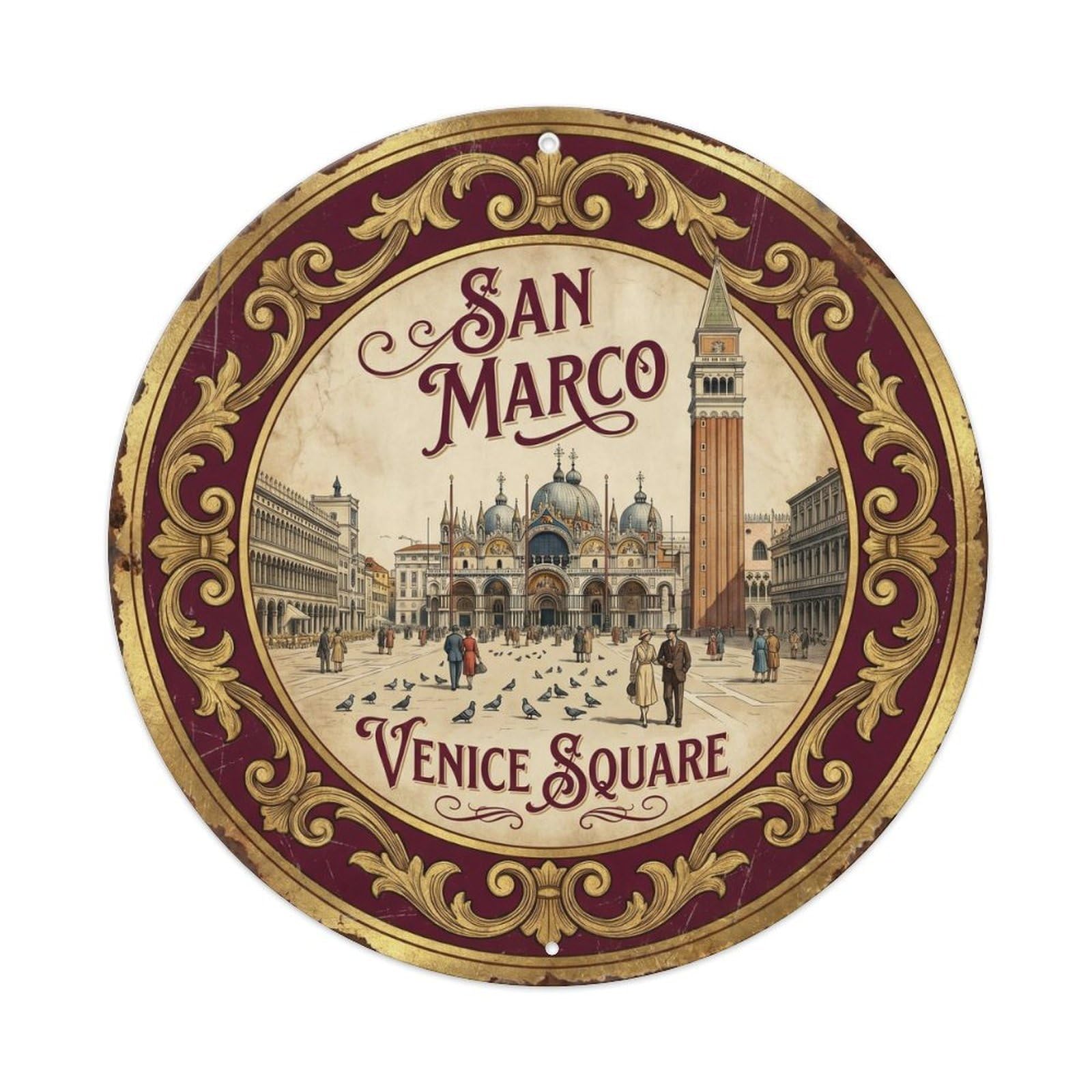 Vintage Travel Venice Piazza Landmark Metal Tin Sign Plaque Wall Decor for Cafe, Club Bar, Office, Home Garden Round Metal Poster 8x8Inch