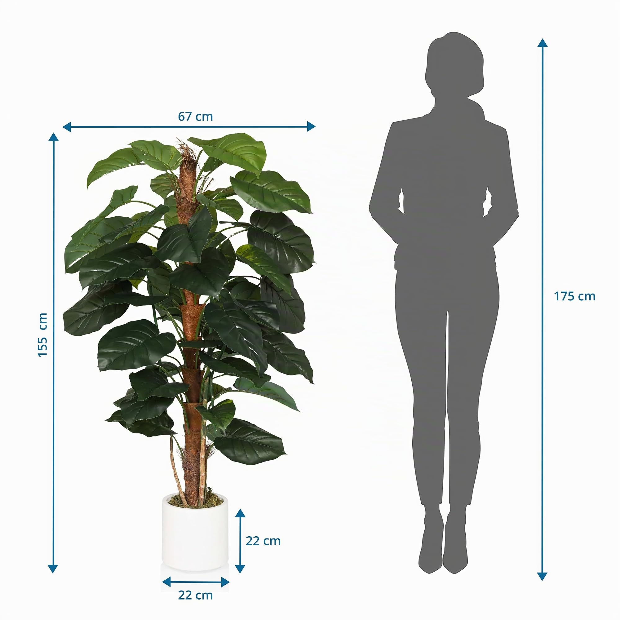 hjh OFFICE Kunstbaum 155cm EPIPREMNUM Künstliche Deko Pflanze im weißen Topf, Kunstfplanze groß, exotische Efeutute für Innen