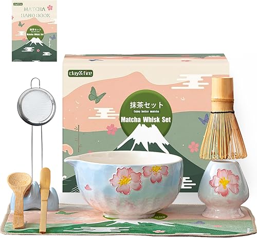 Clay&Fire Juego de 9 batidores de matcha, juego de cerámica de matcha, cuenco de matcha de 15 onzas con boquilla y batidor, kit de matcha para