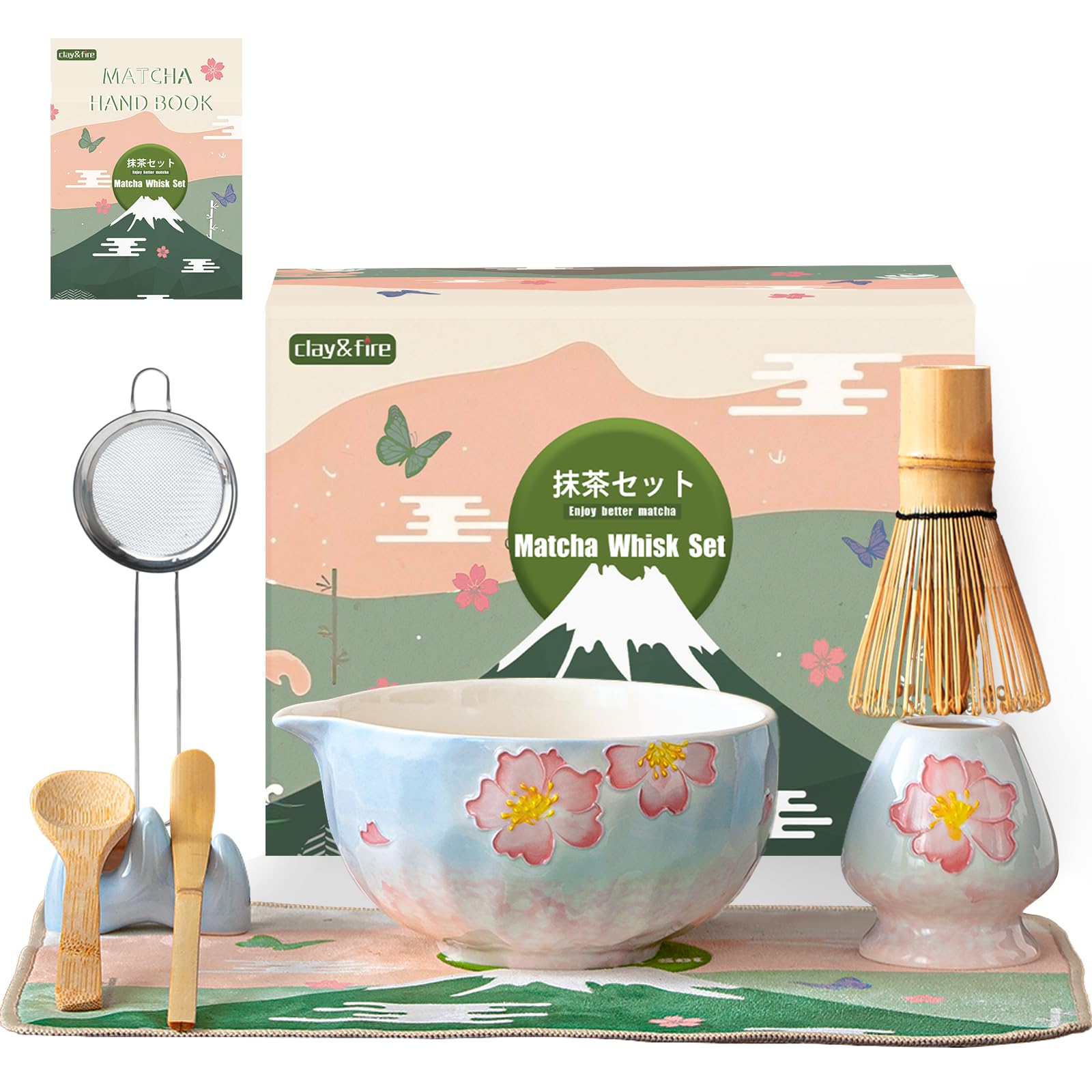Clay Fire Matcha Whisk Set 9 Pcs Ceramic Matcha Set 15 OZ Matcha Bowl with Spout and Whisk