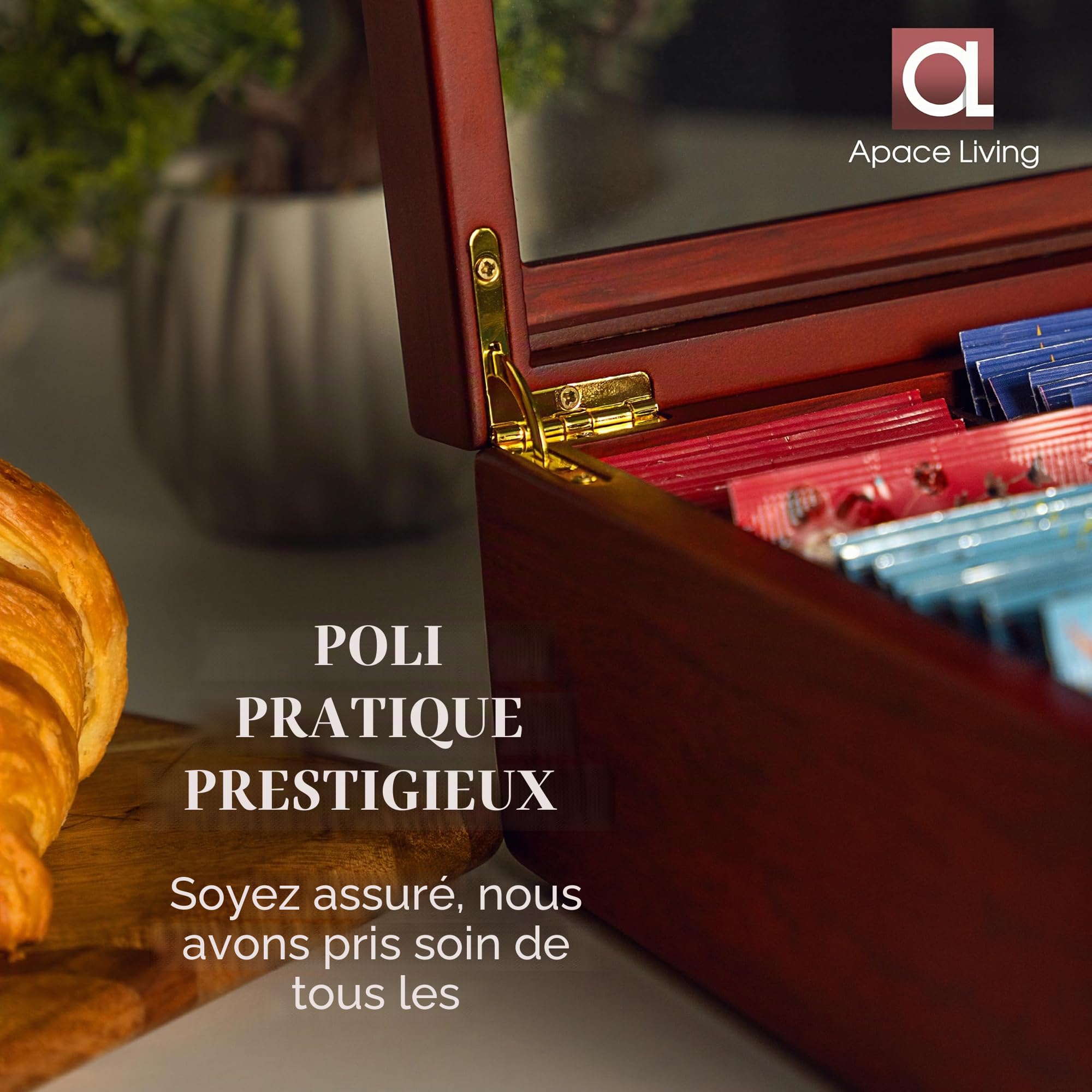 Apace Living Premier Collection Boîte à thé en bois avec 8 compartiments réglables et fenêtre résistante aux rayures