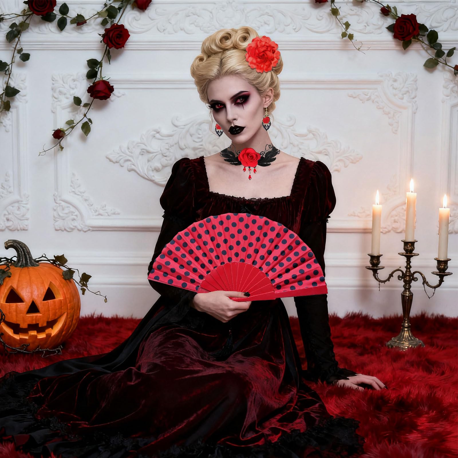 4 szt. Rose Flower Flamenco akcesoria dla kobiet dziewczyn składany fan Choker kolczyki Rose kwiat spinka do włosów tancerka kostium dla kobiet z lat 20. Halloween