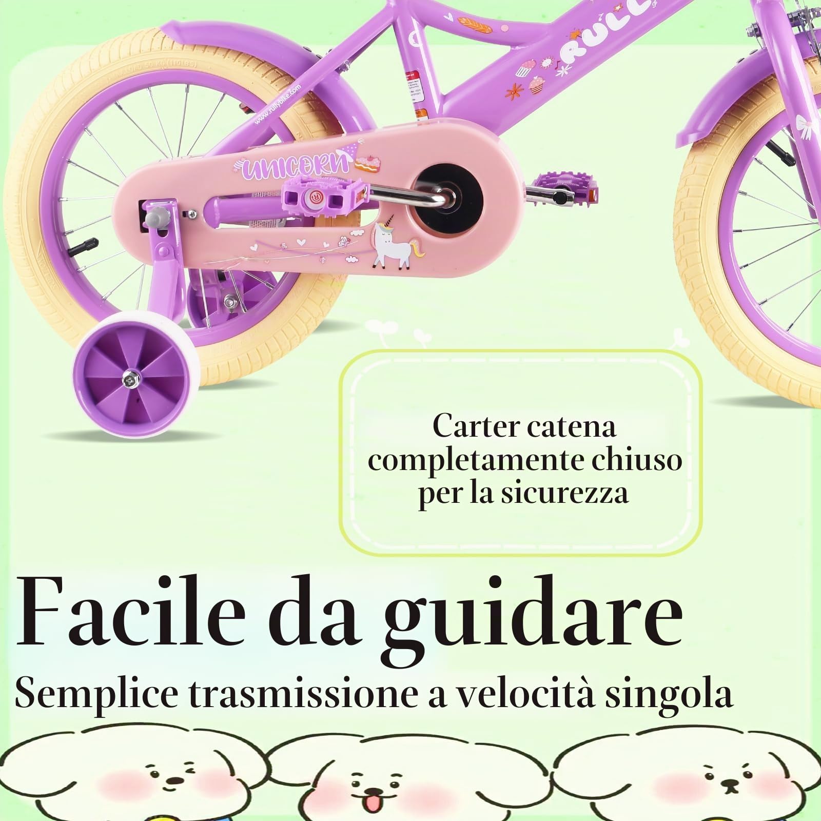 RULLY Bicicletta da bambino da 12 14 16 pollici per bambine da 2 a 7 anni con ruote stabilizzatrici, freno anteriore, cestino, nastri decorativi