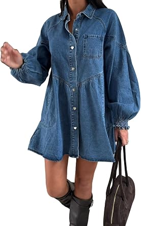 utcoco Womens Denim Shirt Dress Long Sleeve Heart Button Oversized Casual Mini Dress with Pockets