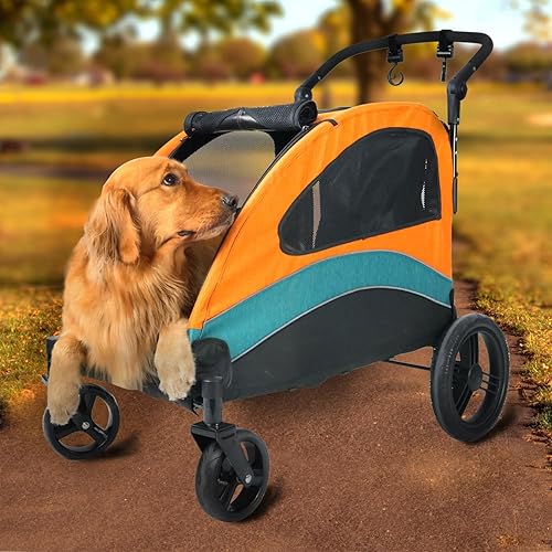 Cochecito para perros y mascotas, carrito plegable con 4 ruedas, cochecito para mascotas con asa ajustable, cochecitos grandes para perros para 2