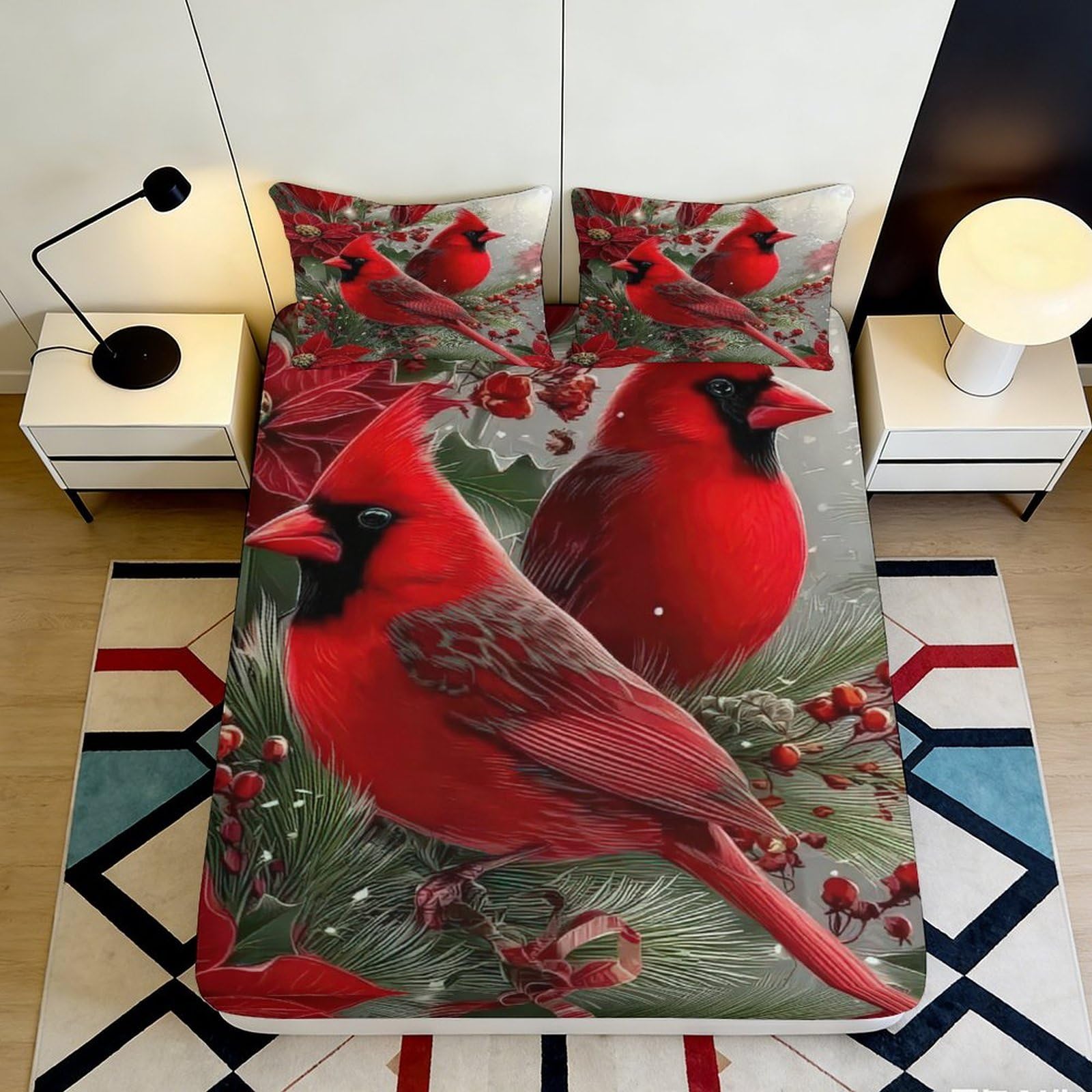 3D Printed Cardinal Fitted Sheet Microfiber Deep Pocket Full Wrap Bedding Cardinal Mattress Fitted Cover Non-Slip Washable 90x200x25cm