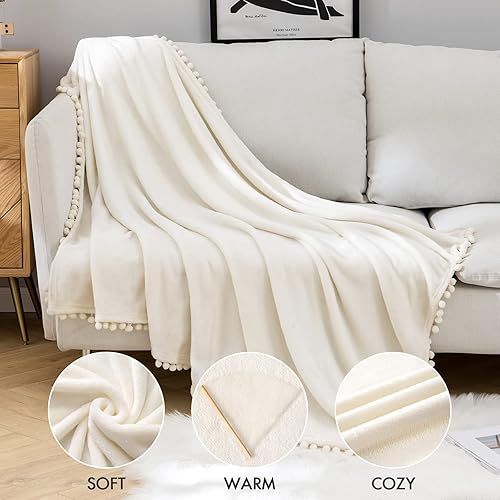 Miniatura 8 de MIULEE - Manta de forro polar ultra suave y lujosa para cama, sofá o sillón, ligera, mullida, cálida, con bonitas borlas de pompón