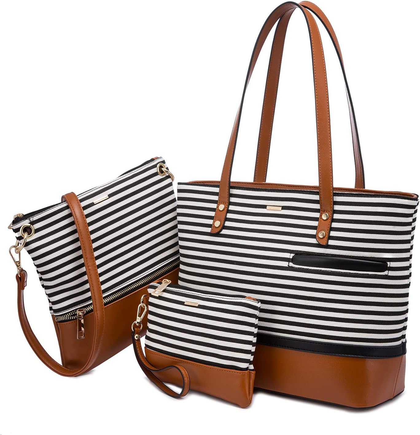LOVEVOOK Womens Purses and Handbags Satchel Shoulder Bags Tote Crossbody Top Handle Purse Set 3pcs Stripes Style,Brown