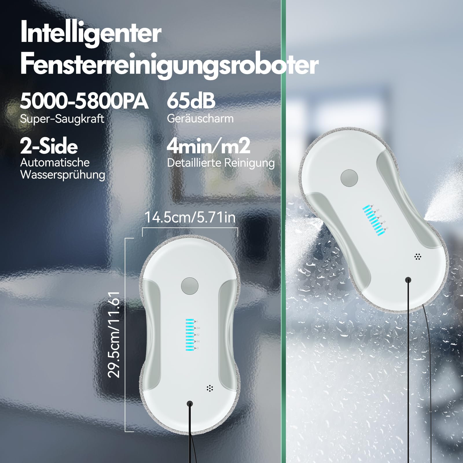 Fensterputzroboter Elektrisch, 5500-5800Pa Fensterroboter mit 2-Fach Sprühsystem, 80ML Tank, Intelligente Pfadplanung, Mehrfachschutz, für Innen- und Außenfenster