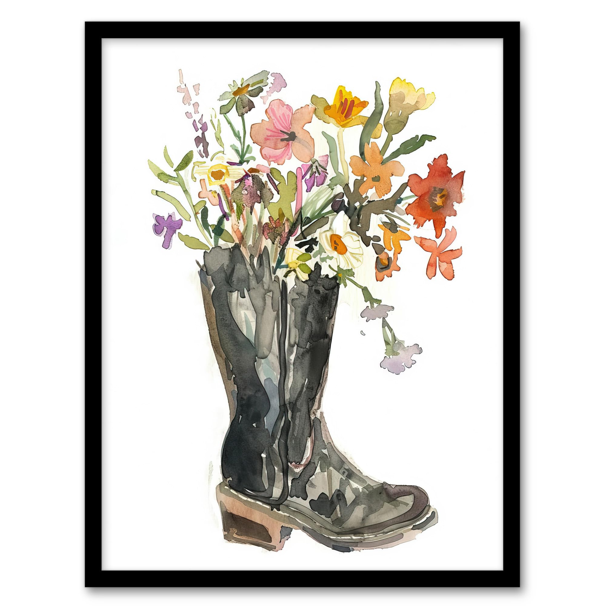 Artery8 Wildflower Bouquet Heeled Army Boot Watercolour Living Room Artwork Framed Wall Art Print 18X24 Inch