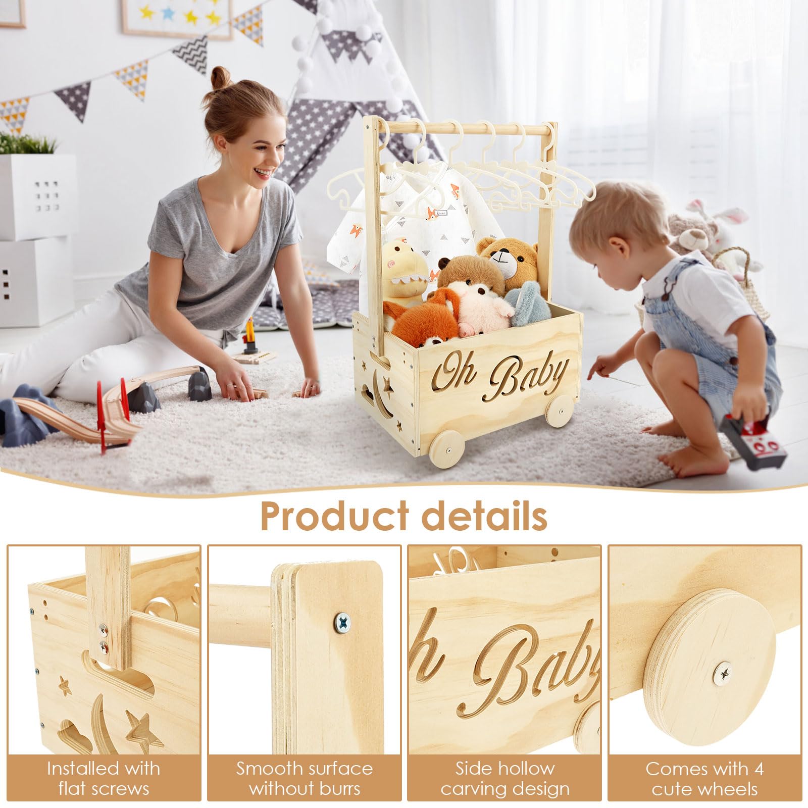 Panier cadeau pour bébé, avec poignée, 34 × 23 × 50 cm, panier cadeau pour bébé, en bois, avec 6 crochets, boîte de rangement personnalisée, cadeau de bienvenue pour nouveau-nés, garçons et filles