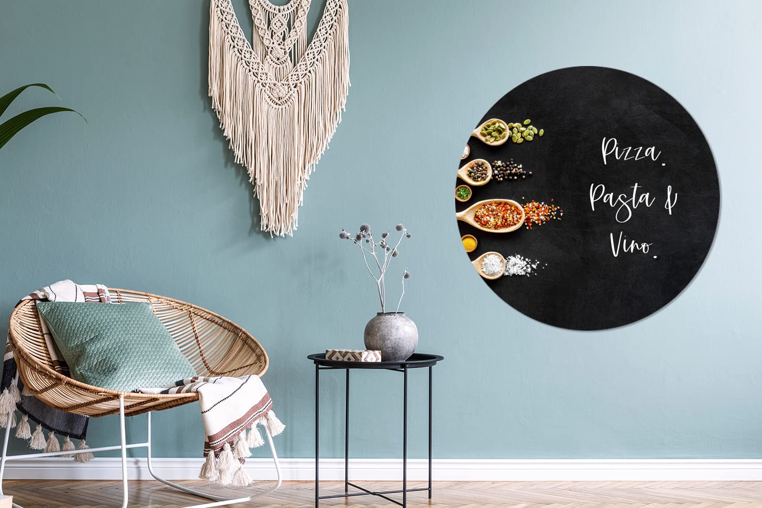 MuchoWow Wandbild Rund Wanddeko Deko Wohnzimmer Bilder 90x90 cm Pizza. Pasta und Wein. - Zitate - Lebensmittel - Gewürze - Sprichwörter