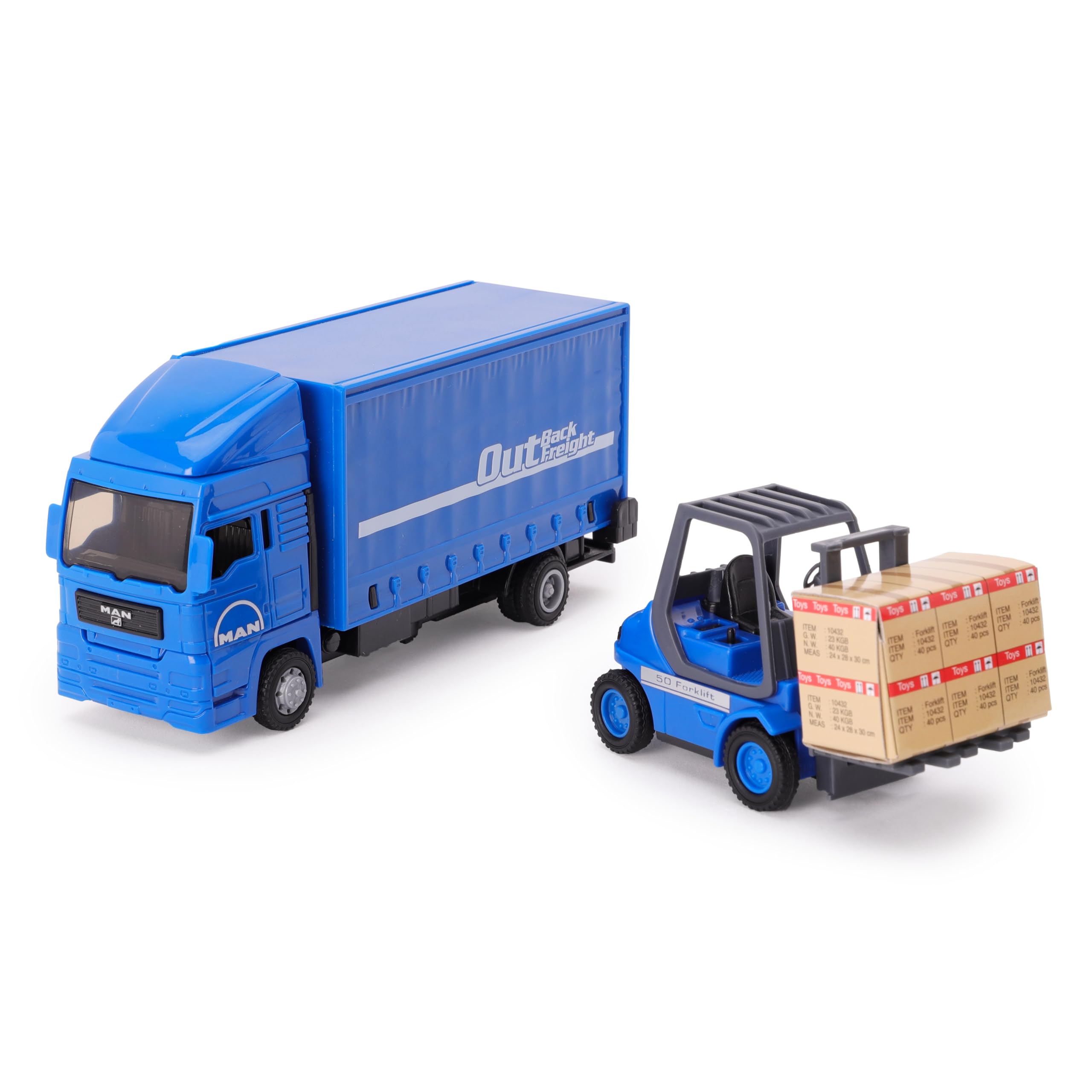 Toyland® 15cm (6") Set di veicoli Load & Go - Camion merci MAN con carrello elevatore e pallet - Giocattolo camion da trasporto - Scala 1:48 con costruzione in metallo e plastica - Età 3+ (Blu)