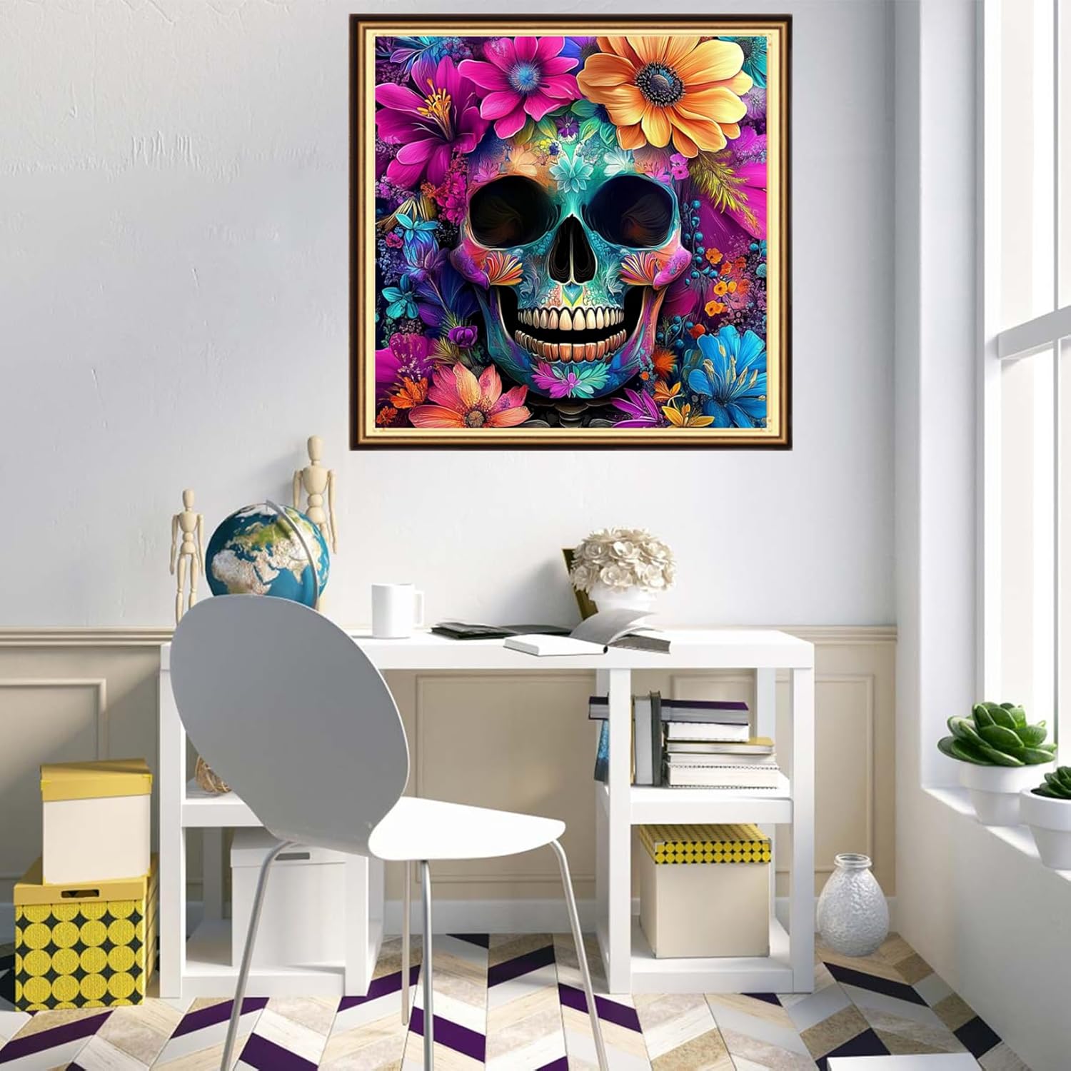 Redxing Counted Cross Stitch Kit for Beginners,Unprinted Needlepoint Kits for Beginners Cross Stitching Embroidery Kit 11CT Stitches kit-Colorful Flower Skull 18x18 inch