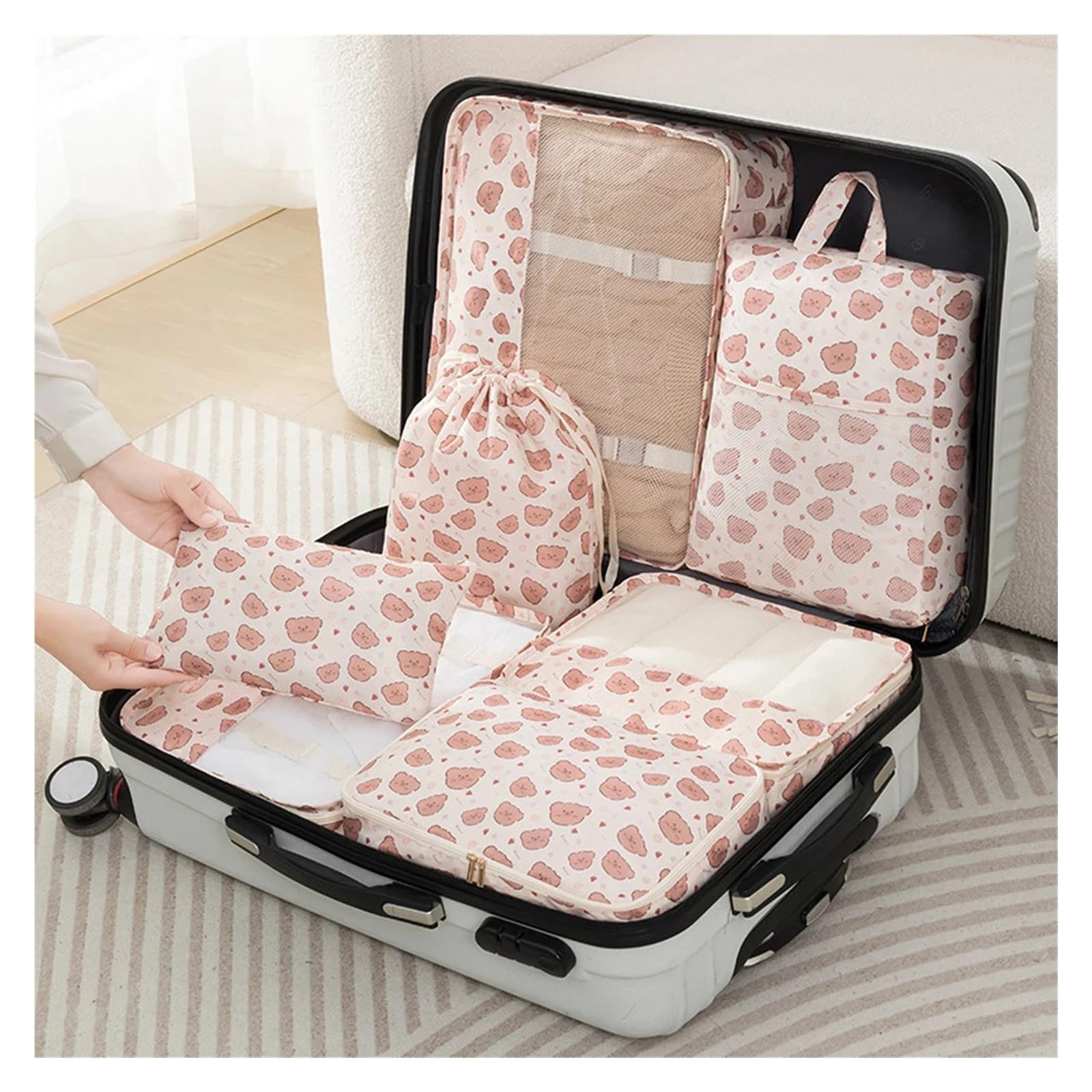 Set organizer per bagagli 7 pezzi di cubi da viaggio stampati con cartoni animati, for riporre vestiti, scarpe, valigie