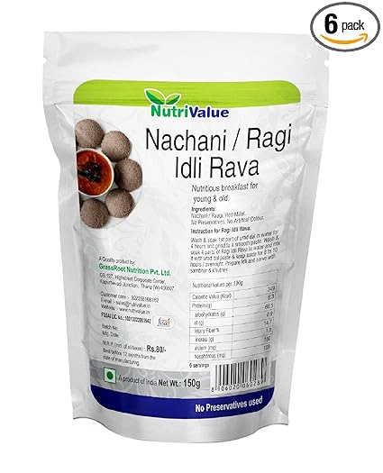 NutriValue Nachani/Ragi Idli Rava | Nutritious Breakfast | Gluten Free | (Pack of 6) 200 g x 6
