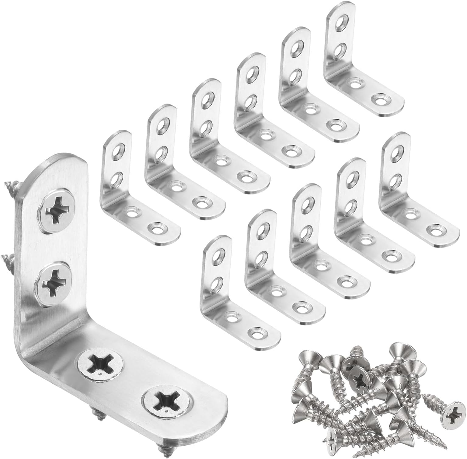 – sourcing map 12pcs L-Shaped Corner Bracket 1.8" x 1.8" x 0.8" Stainless Steel 90 Degree Angle Brace Joint Right Corner Fastener with 48 Screws for Shelves Cabinet Chair Drawer, Silver