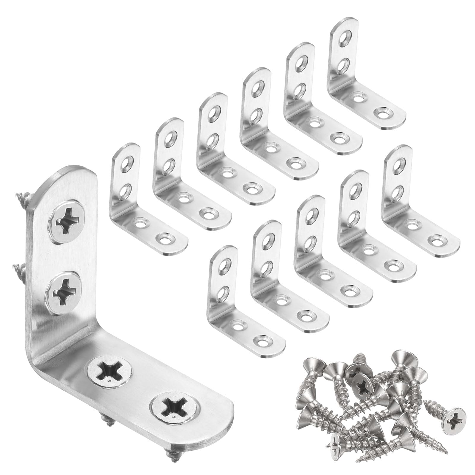 sourcing map 12pcs L-Shaped Corner Bracket 1.8" x 1.8" x 0.8" Stainless Steel 90 Degree Angle Brace Joint Right Corner Fastener with 48 Screws for Shelves Cabinet Chair Drawer, Silver