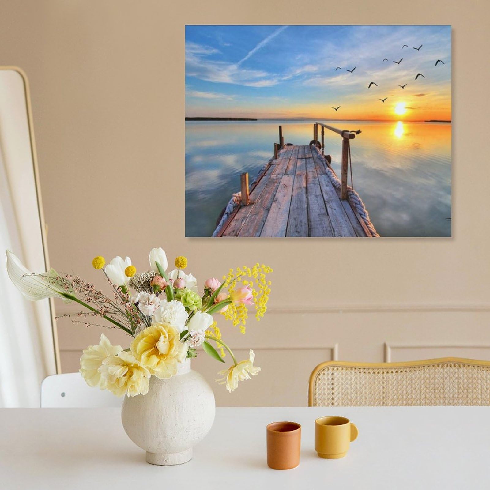 Amazon.co.jp: 絵画 夕暮れ時の鳥のいる湖の桟橋インテリア 絵画